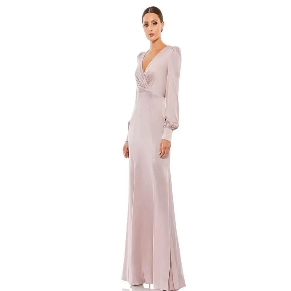 Ieena for Mac Duggal #55635 Long Sleeve Satin Gown in Rose Pink NWT Size 14